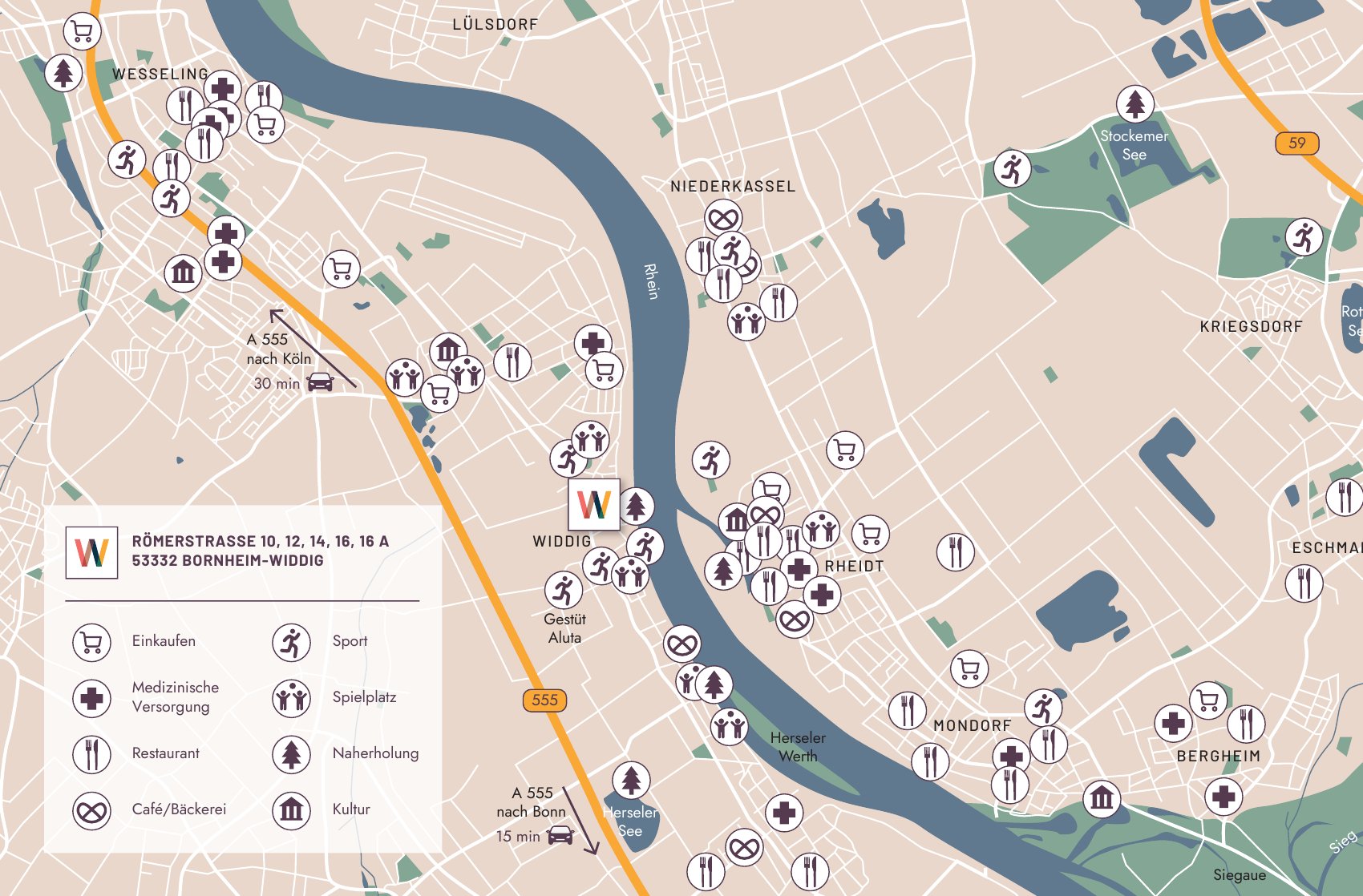 Lageplan Bornheim-Widdig mit Einkaufen, Ärzten, Restaurants und Naherholung